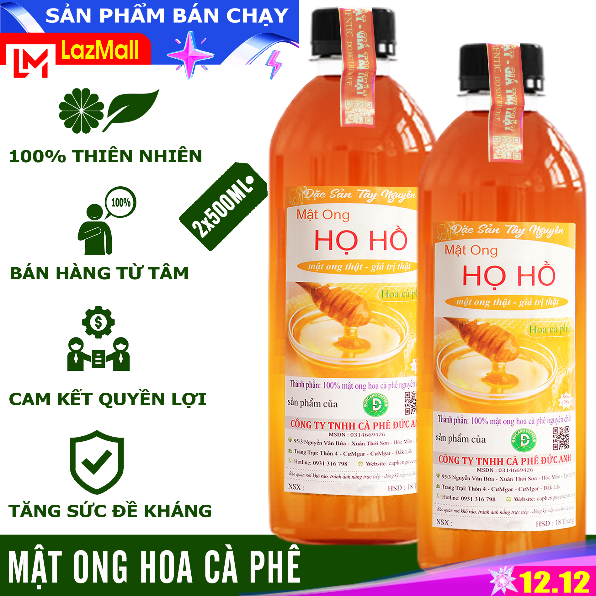 [mật ong mới] Mật ong cà phê Họ Hồ nguyên chất (2 CHAI 500ML) Mật Nguyên sơ từ rừng hoa cafe tây nguyên- thương hiệu mật ong Họ Hồ mật thật giá trị thật - mật ông Honey