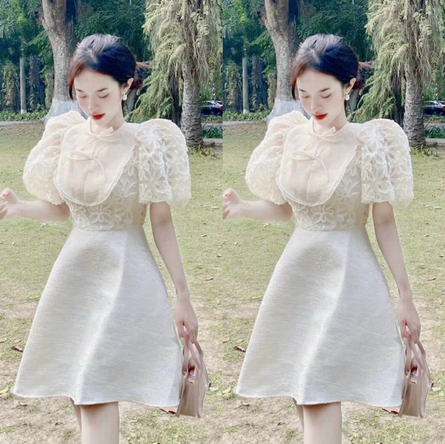 Đầm dự tiệc thời trang tay bồng đính nơ ren phối tafta vân đá cao cấp - Moon Dress