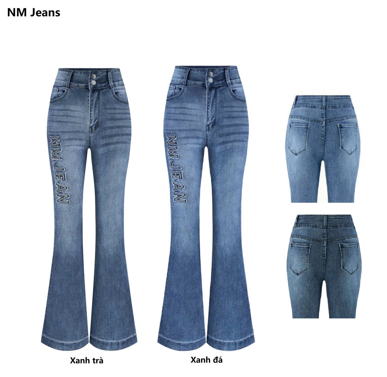 [98-100cm] Quần jean nữ ống loe thêu chữ đính đá NM Jeans, chất co giãn, đủ size từ 40kg đến 75kg, 2 màu