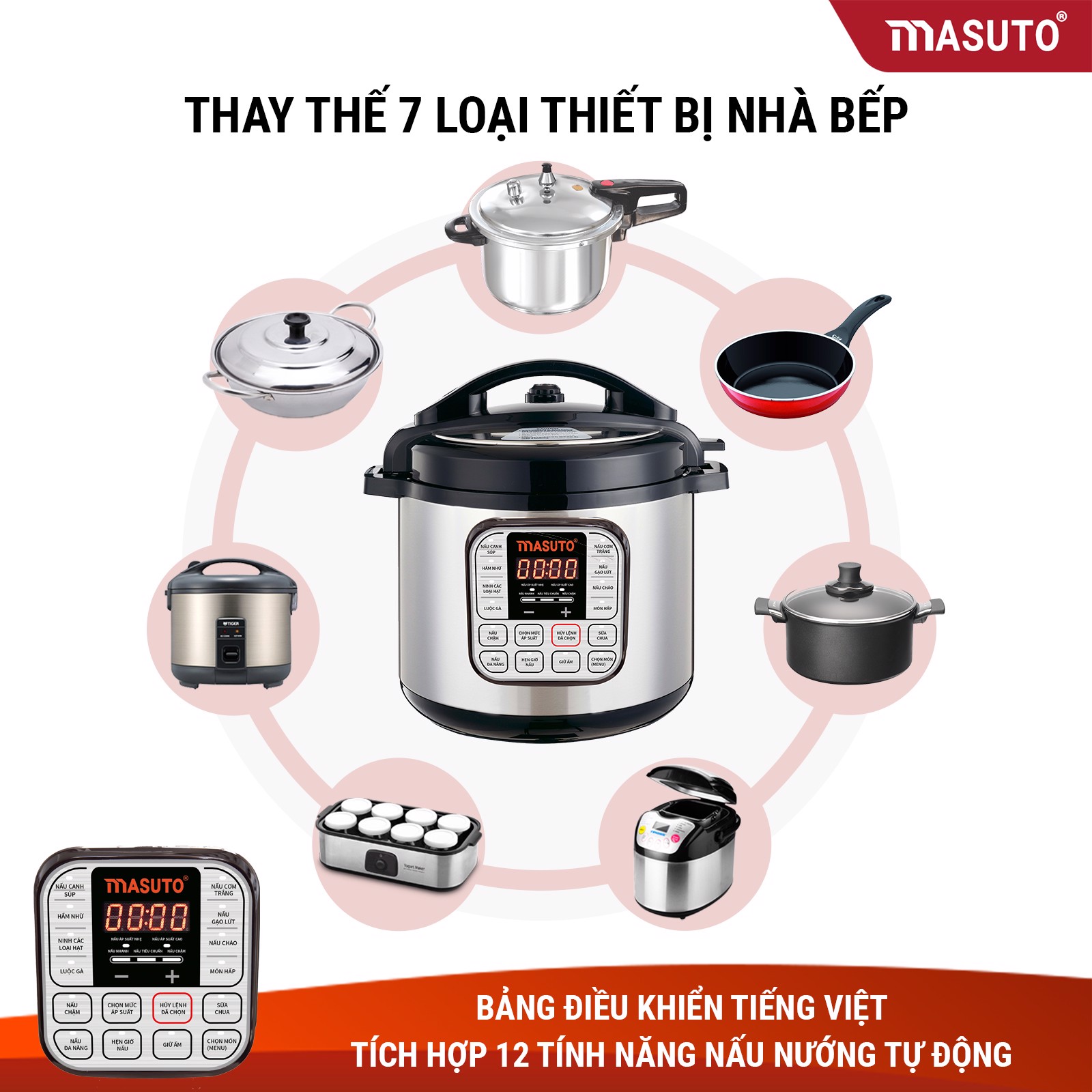 Nồi áp suất điện đa năng Masuto 7in1 công nghệ Nhật Bản - Màn hình điều khiển Tiếng Việt - Dung tích 6 lít - LG-06A