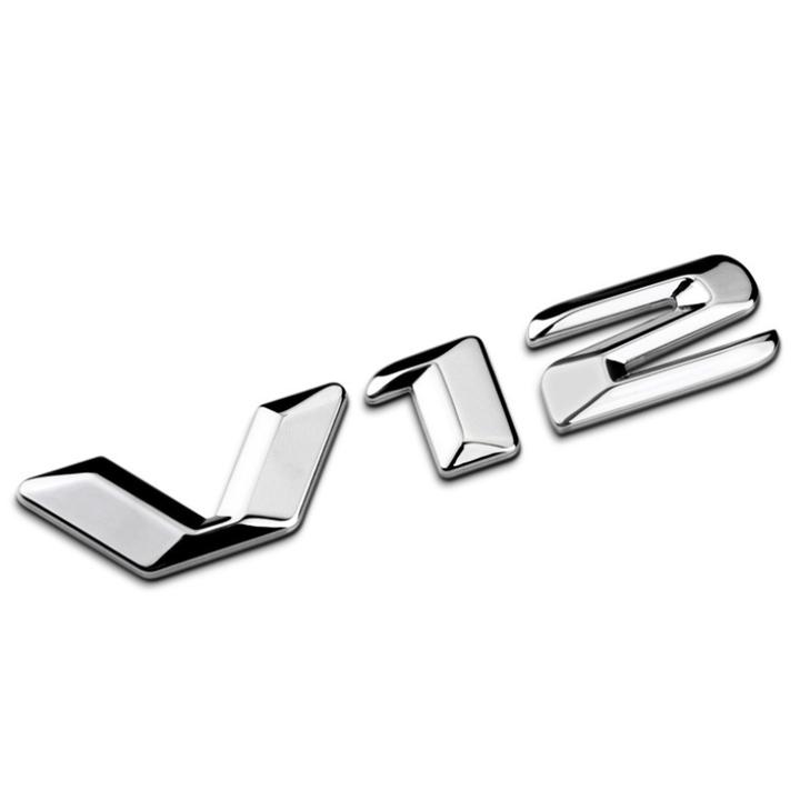 Decal tem chữ V12 inox cao cấp dán trang trí ô tô, xe hơi G70212 (Màu bạc)