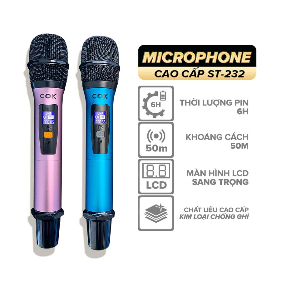 Bộ 2 Micro Karaoke Không Dây Cao Cấp COK ST-232 - Thời Lượng Pin 6h Màn Hình LED Chống Nhiễu Giảm Ồn Lọc Âm Khoảng Cách 50m - Bảo Hành 6 Tháng