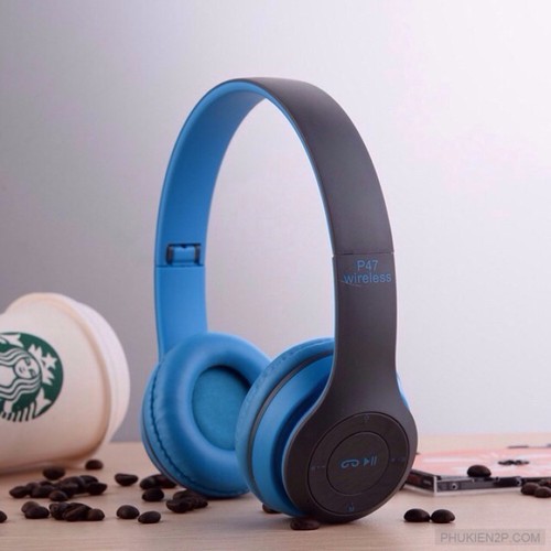 Tai nghe chụp tai cao cấp có khe thẻ nhớ Bluetooth P47, có dây aux kết nối điện thoại máy tính laptop.