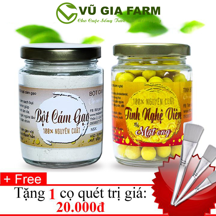 Combo Tinh Nghệ Viên Mật Ong + Bột Cám Gạo Nguyên Chất Vũ Gia + Tặng Cọ quét mặt nạ cute - Dưỡng da hiệu quả, giữ ẩm lâu, tái tạo da chết, phục hồi tổn thương sau mụn - Đã được kiểm nghiệm y tế