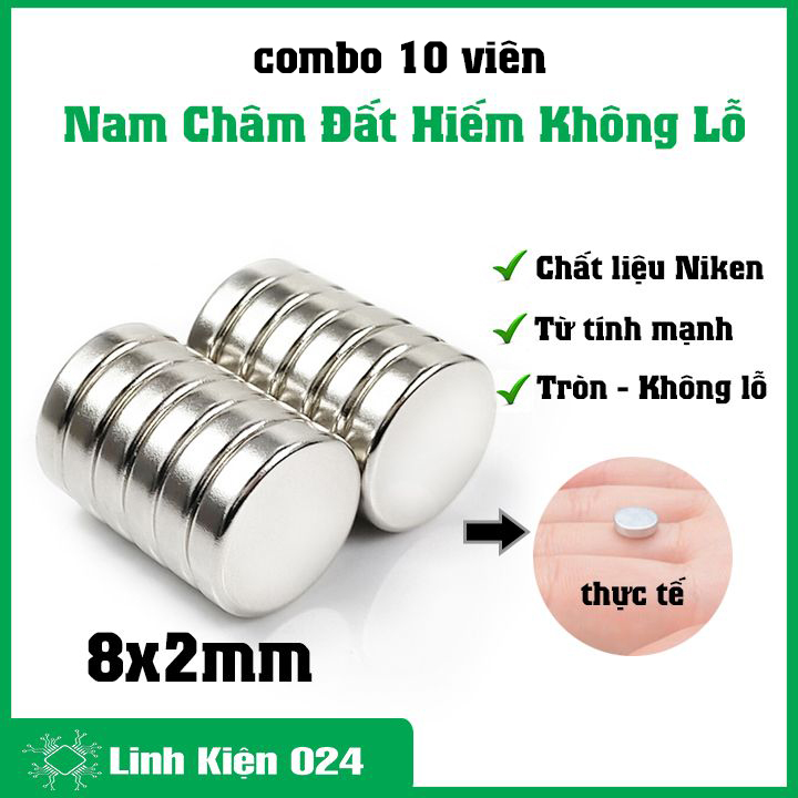 Combo 10 viên nam châm đất hiếm tròn không lỗ kích thước 8x2mm, nam châm vĩnh cửu trắng từ tính siêu mạnh