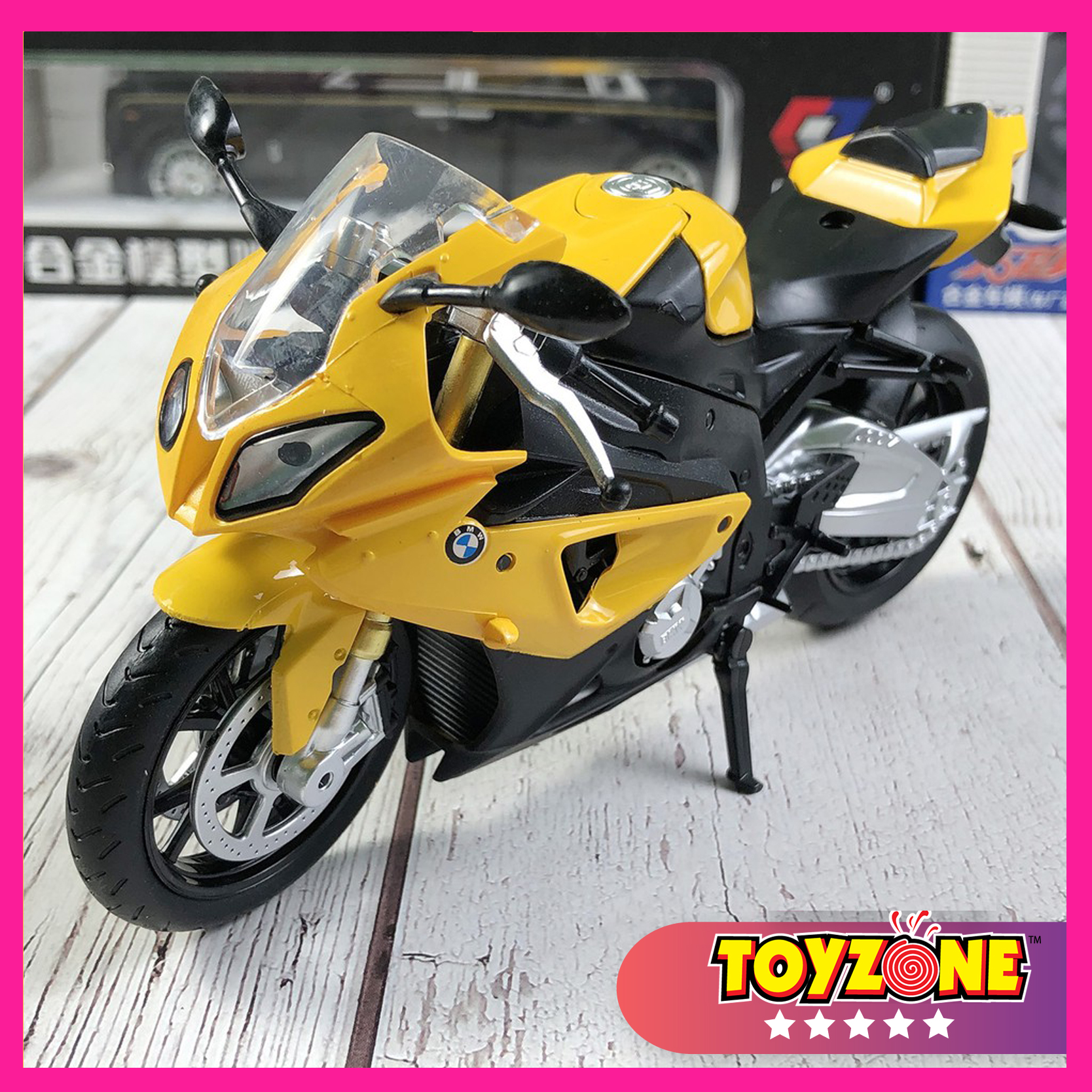 Xe mô hình motor BMW S1000RR tỉ lệ 1:12 màu Vàng/Đen chất liệu hợp kim, có đế trưng bày bằng nhựa