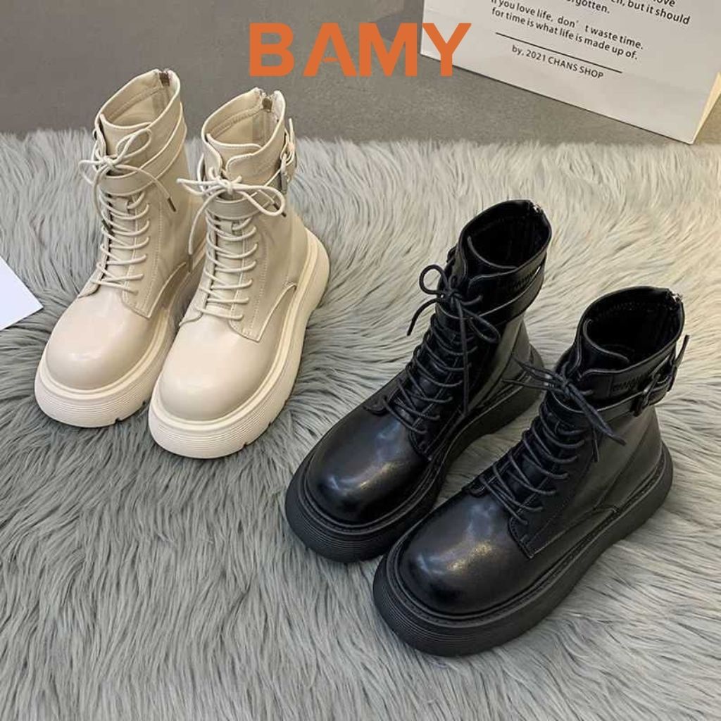 Bốt nữ MARTIN da mềm cổ cao khóa sau BAMY, giày boots ulzzang phong cách tuổi teen 2021