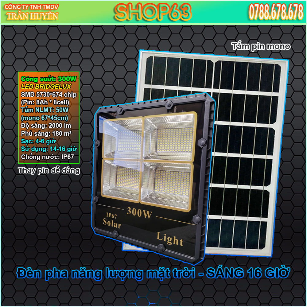 Đèn pha năng lượng mặt trời 300W cao cấp sử dụng tấm pin mono (674 chip LED 5730 Bridgelux - dung lượng pin 48Ah chiếu sáng trên 16 giờ)