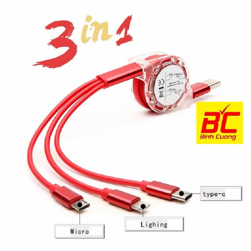 Dây cáp sạc điện thoại 3 đầu đa năng dây rút dài 1m
