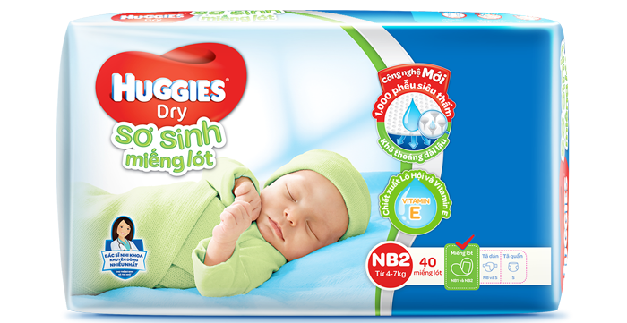 Miếng lót sơ sinh Huggies size Newborn 2 40 miếng (4-7kg)