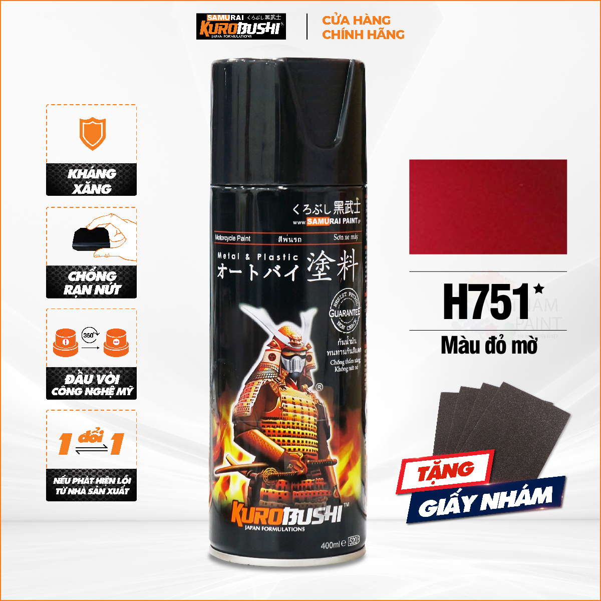Sơn xịt Samurai Kurobushi - màu đỏ mờ H751 400 ml chuyên dùng cho xe máy