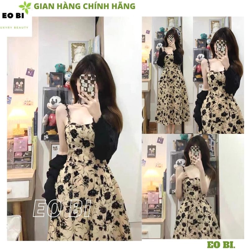 : Set áo calidan mix váy hoa nhí có cúp ngực,Set đầm hoa kèm áo khoác có ảnh thật đủ size - EOBI