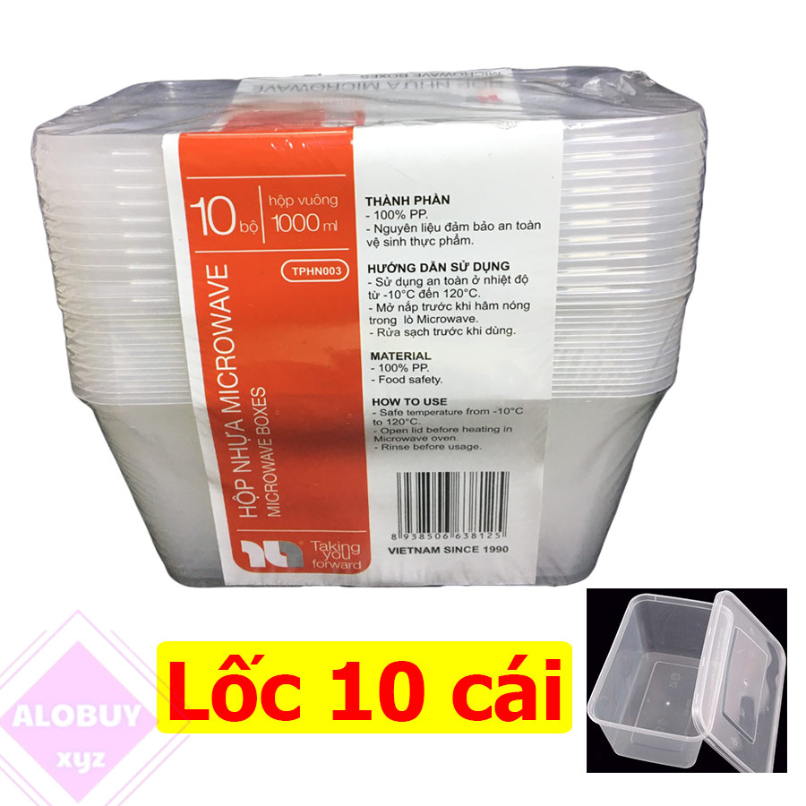 Lốc 10 hộp nhựa đựng thực phẩm chữ nhật có nắp Microwave trong suốt trữ đông an toàn- dung tích 550ml 750ml 1000ml.