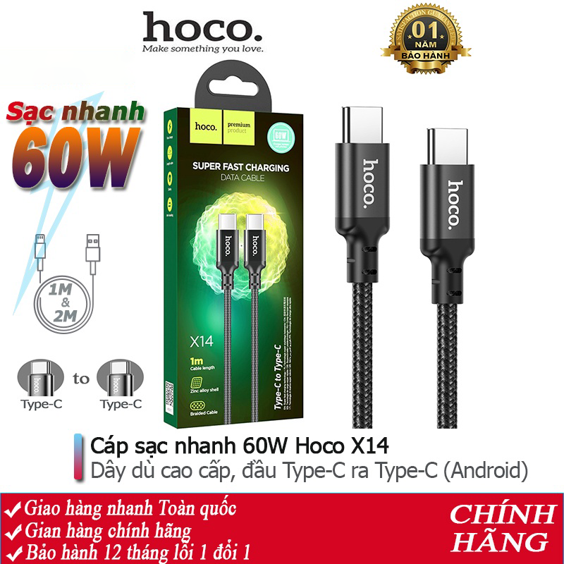 Cáp sạc nhanh 60w hoco x14, chuẩn pd, dây dù cao cấp, dài 1m, dây sạc typec-typec