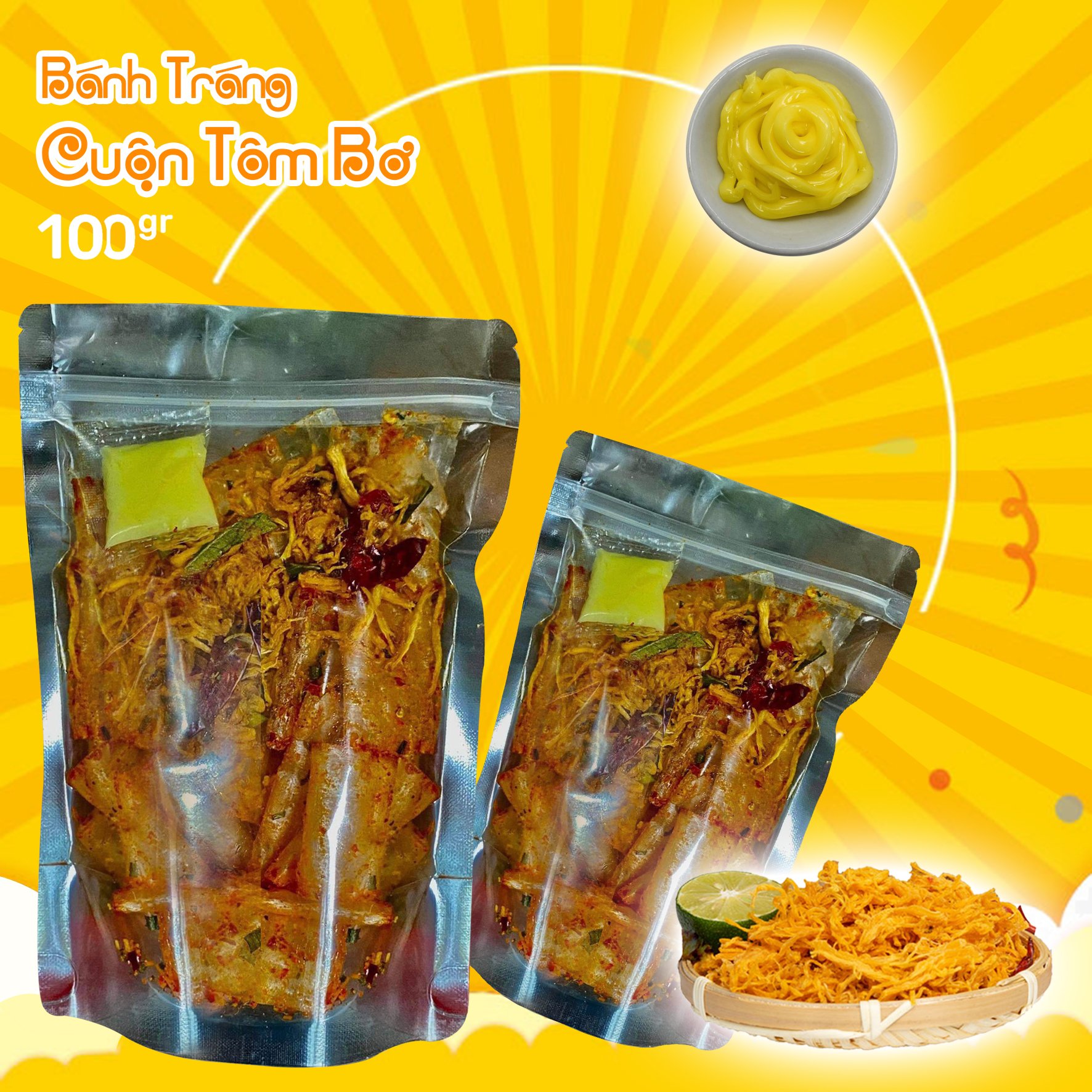 Bánh tráng ống cuộn tôm bơ mix khô gà