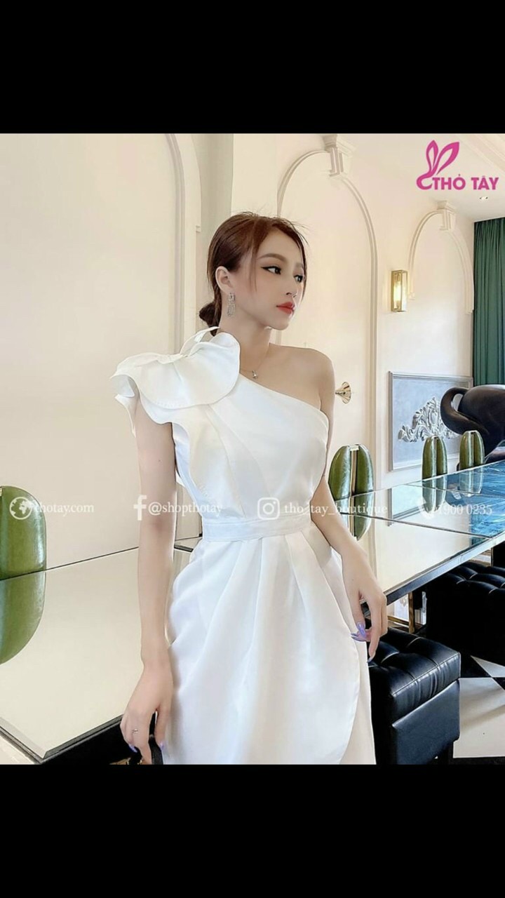 [HCM]ĐẦM LỆCH VAI XẾP NƠ EO XẾP LY SANG CHẢNH