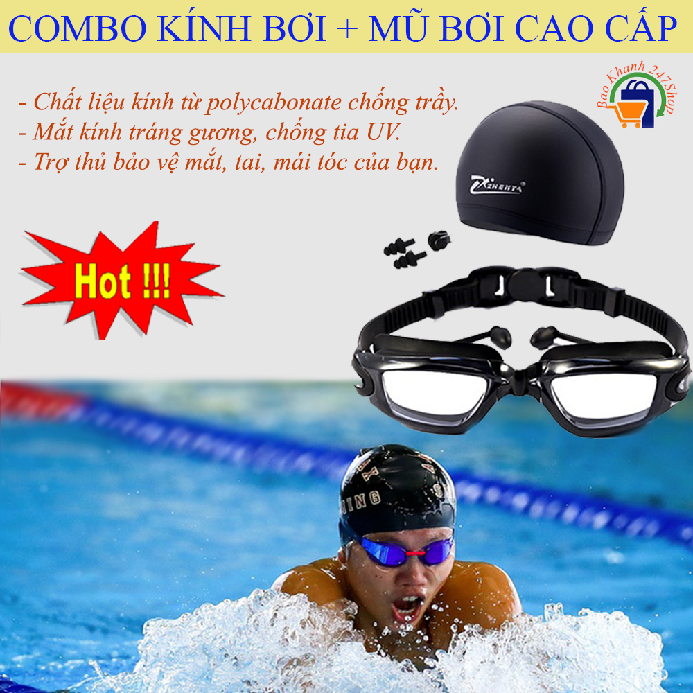Kính Bơi Đi Biển, Combo Kính Bơi Mũ Bơi, Bộ Kính Bơi Người Lớn. Kính Bơi Thời Trang Cao Cấp, Kính bơi UV kèm Mũ bơi và 2 nút bịt tai, Thiết Kế Mới Thông Minh, Kiểu Dáng Hiện Đại, Thoải Mái Bơi Lội.GIÁ SỐC !!! MUA NGAY