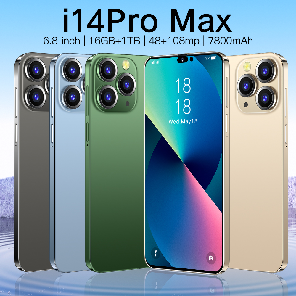 Điện thoại di động 1k i14 pro max di động 6.8inch bộ nhớ 16gb 1024gb camera 48+108mp pin 7800mah điện thoại thông minh