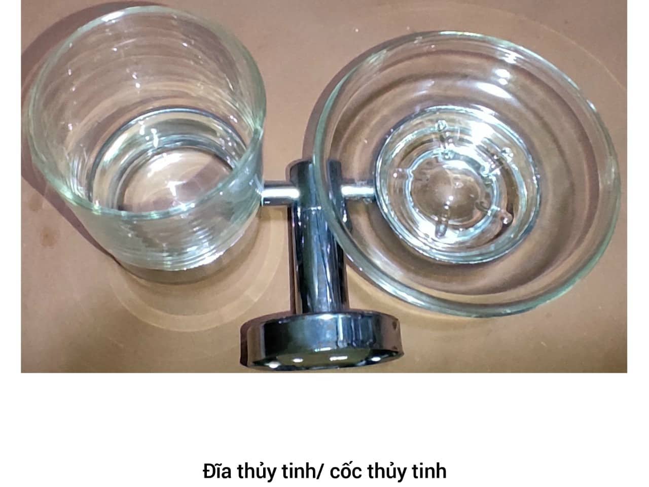 Vòng đựng cốc đánh răng đôi treo tường inox 304 kèm cốc thủy tinh và đĩa thủy tinh