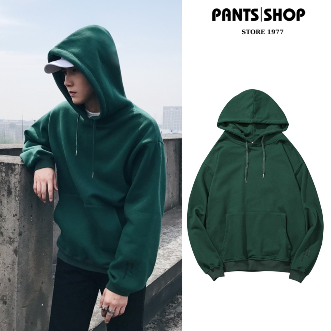 Áo khoác nỉ trơn có mũ 2 lớp form rộng unisex - áo khoác hoodie trơn xanh rêu - pants shop