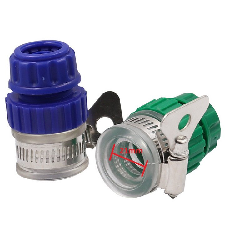 1 cái. đầu nối. dùng nối tại vòi nước 20mm có đầu ra nối ông 16mm, khóa cổ dê bằng sắt. 954
