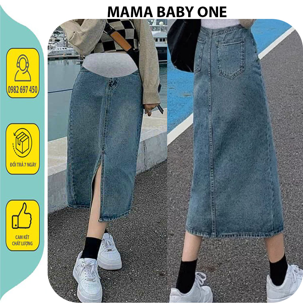 Chân váy jean bầu xẻ tà trước-chân váy bầu jean bò dáng dài thời trang hàn chun chỉnh bụng