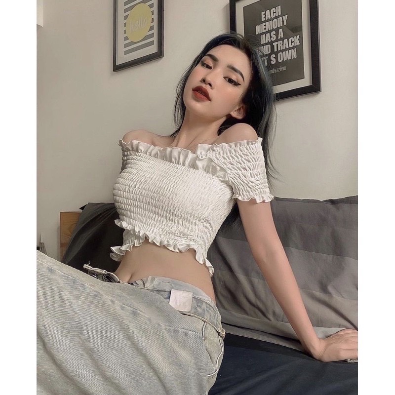 Áo Croptop Nhún Đắp Chéo Tay Ngắn A5035