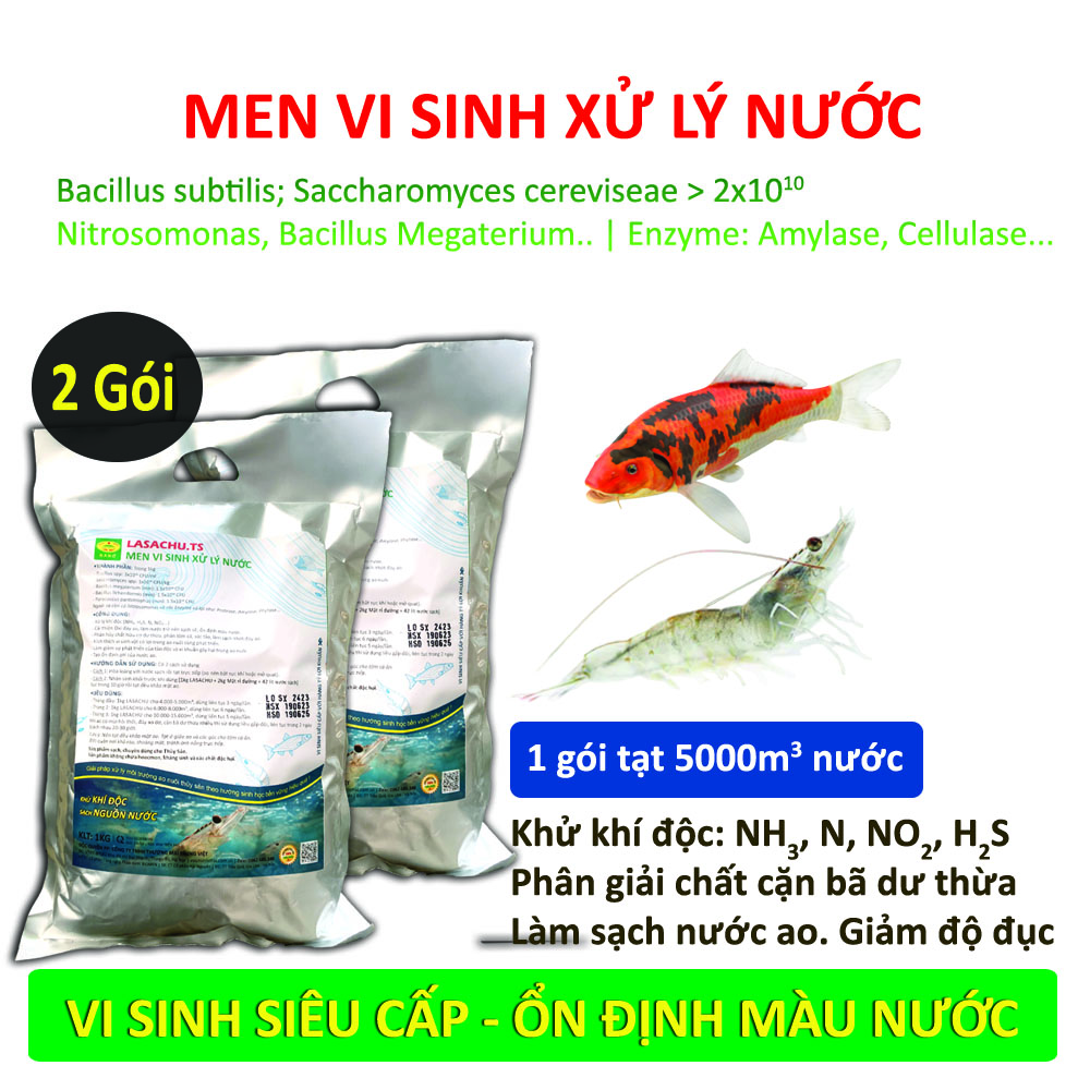2 gói Chế phẩm vi sinh xử lý ao nuôi Tôm, Cá. Gây màu nước, ổn định dinh dưỡng. Làm sạch đáy ao. Ức chế tảo lam. Khử khí độc