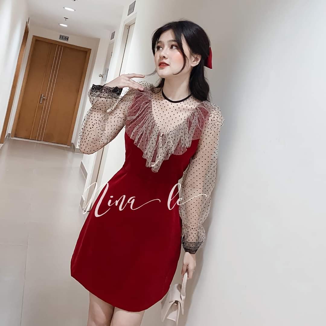 [HCM]Đầm xèo nhung phối bi sang chảnh nữ tính DN04