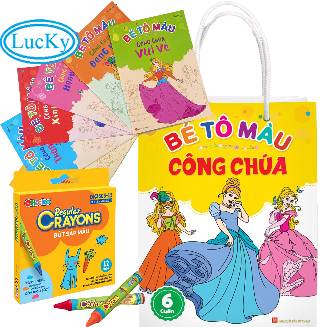 Tập tô màu công chúa cho bé ,combo bé tô màu công chúa túi 6 cuốn + bút sáp 12 màu duka