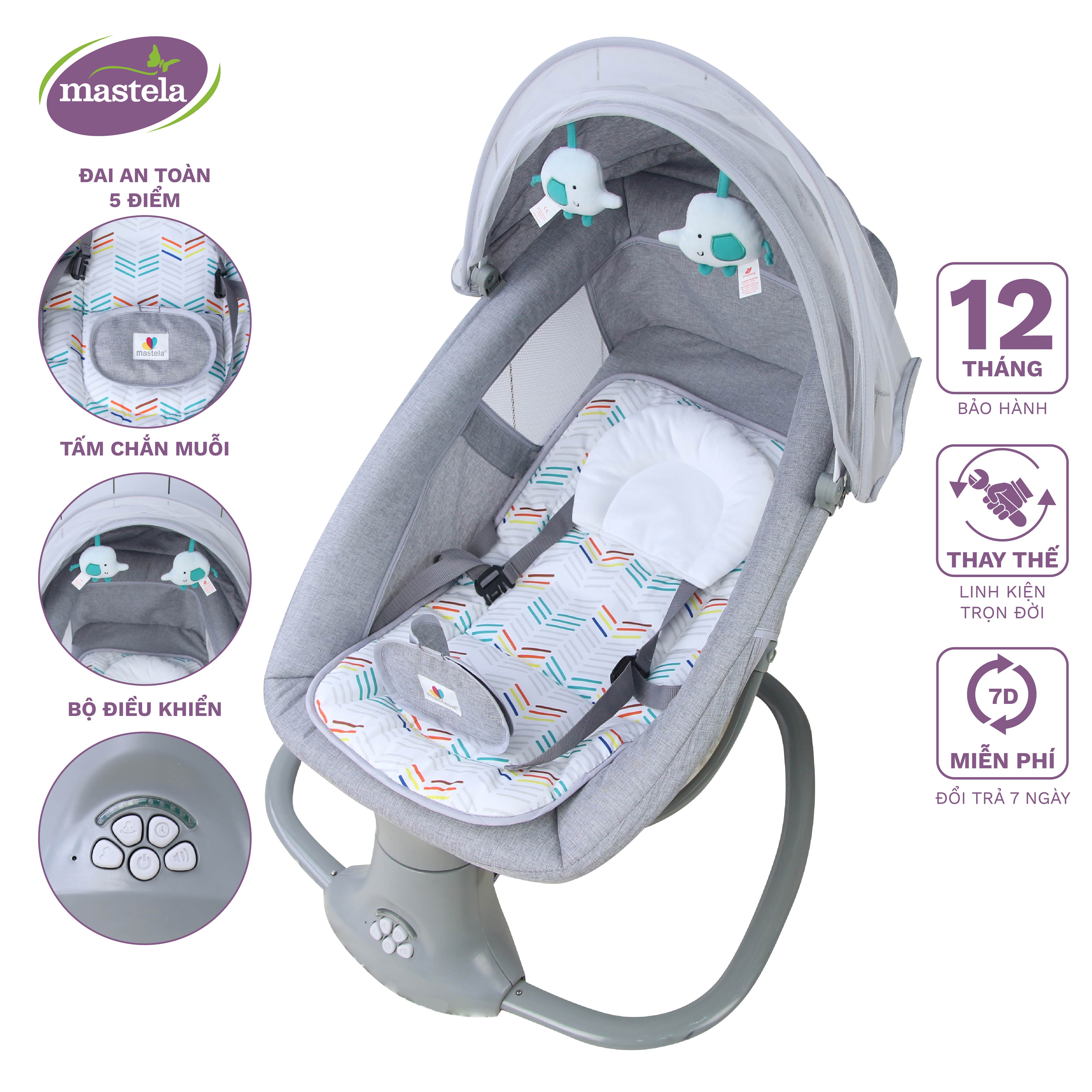 Nôi điện cho em bé sơ sinh - Nôi điện tự động cho bé điều khiển từ xa kết hợp nhạc trắng ru ngủ thư giãn và 5 chế độ đung đưa Mastela 8104/8106