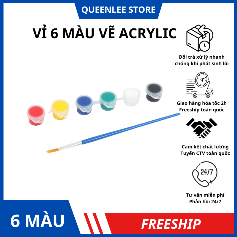 Vỉ 6x3ml mực acrylic cho bé tập tô màu tươi sáng, vỉ tô tượng có sẵn cọ, vỉ màu tô tượng queen lee store