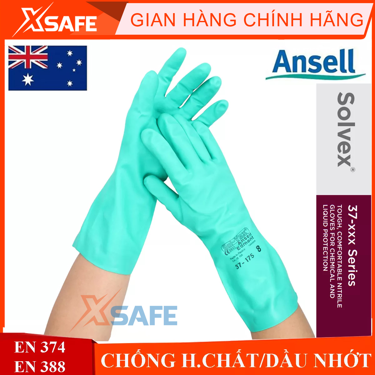 Găng tay chống hóa chất Ansell 37-175 găng tay cao su nitrilechống hóa chấtaxitdầu nhớtkhông gây đổ mồ hôi tay