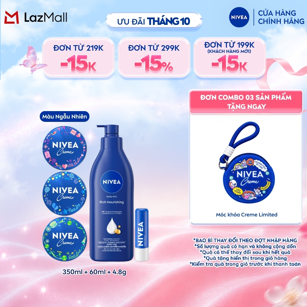 Bộ SP Dưỡng ẩm chuyên sâu: 01 Sữa Dưỡng Thể Body Milk Vitamin E (350ml)  01 Kem Dưỡng Ẩm Nivea Creme (60ml)  01 Son dưỡng ẩm môi Original Care (48g)- 99569+80102+85061