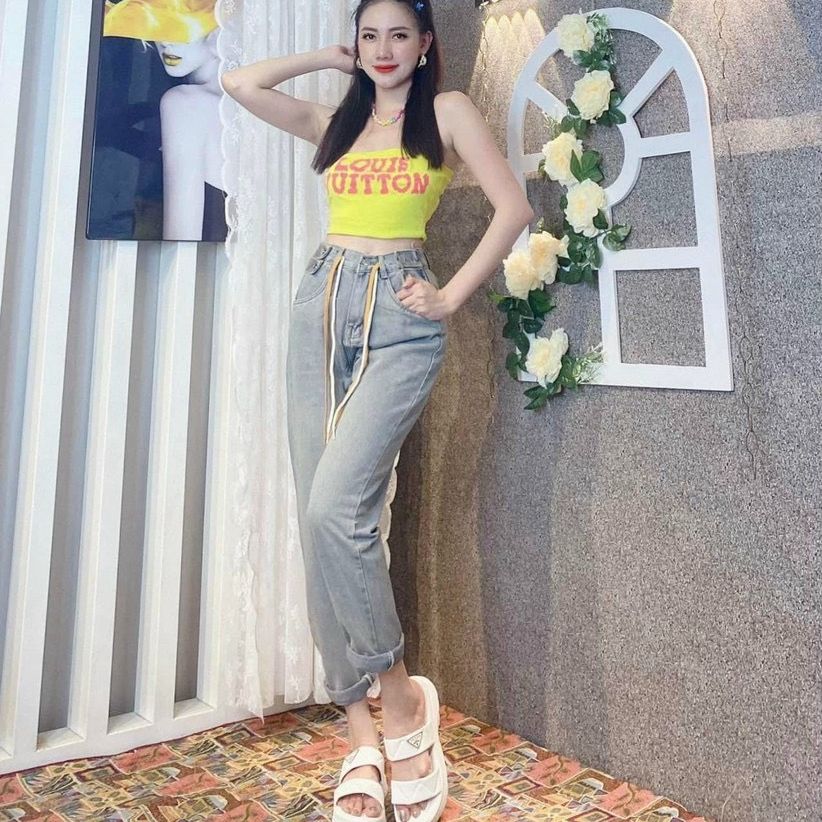 Quần baggy jean nữ lưng siêu cao 2 hàng nút ) chất bò xanh trơn siêu hot tại Pinky79shop bg03