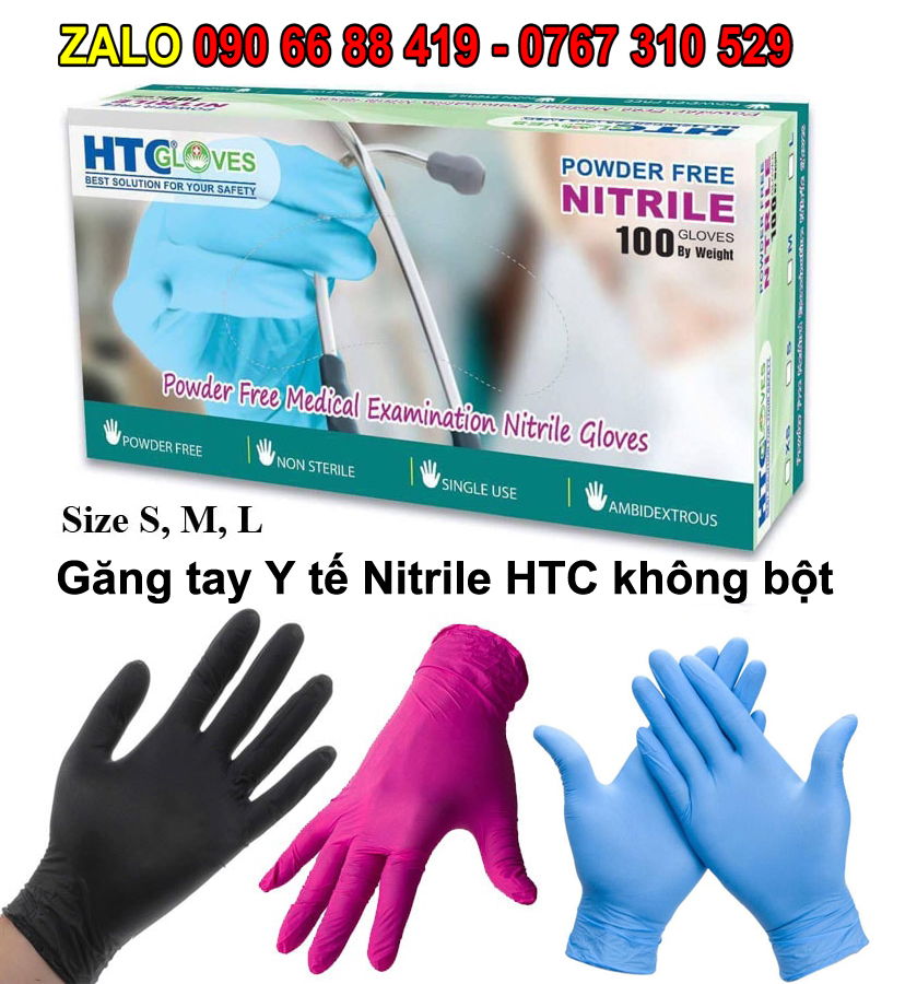 Găng tay Y tế không bột Nitrile HTC - Bao tay y tế Nitrile HTC không bột - Găng tay cao su Nitrile HTC y tế không bột hộp 100 chiếc siêu dai trong phun xăm, Spa
