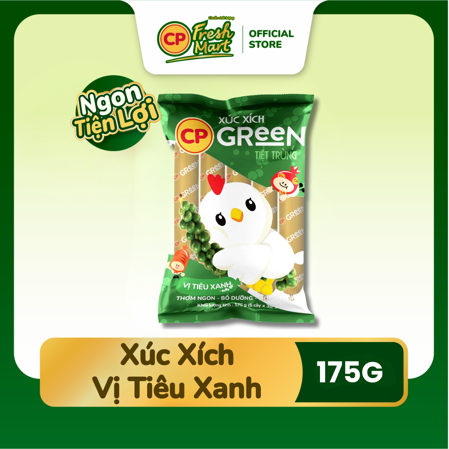 Xúc Xích Gà CP Vị Tiêu Xanh Gói 175G - Ngon Tiện Lợi - Snack Ăn Vặt Cho Bé - CP Fresh Mart