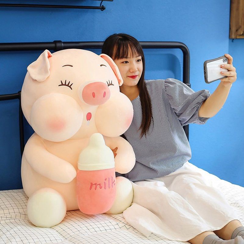 Gấu bông heo ôm bình sữa cute, gối ôm lợn ôm bình sữa cute có 3 size 60cm 80cm 1m, thú nhồi bông siêu mềm mịn quà tặng đáng yêu cho người thân