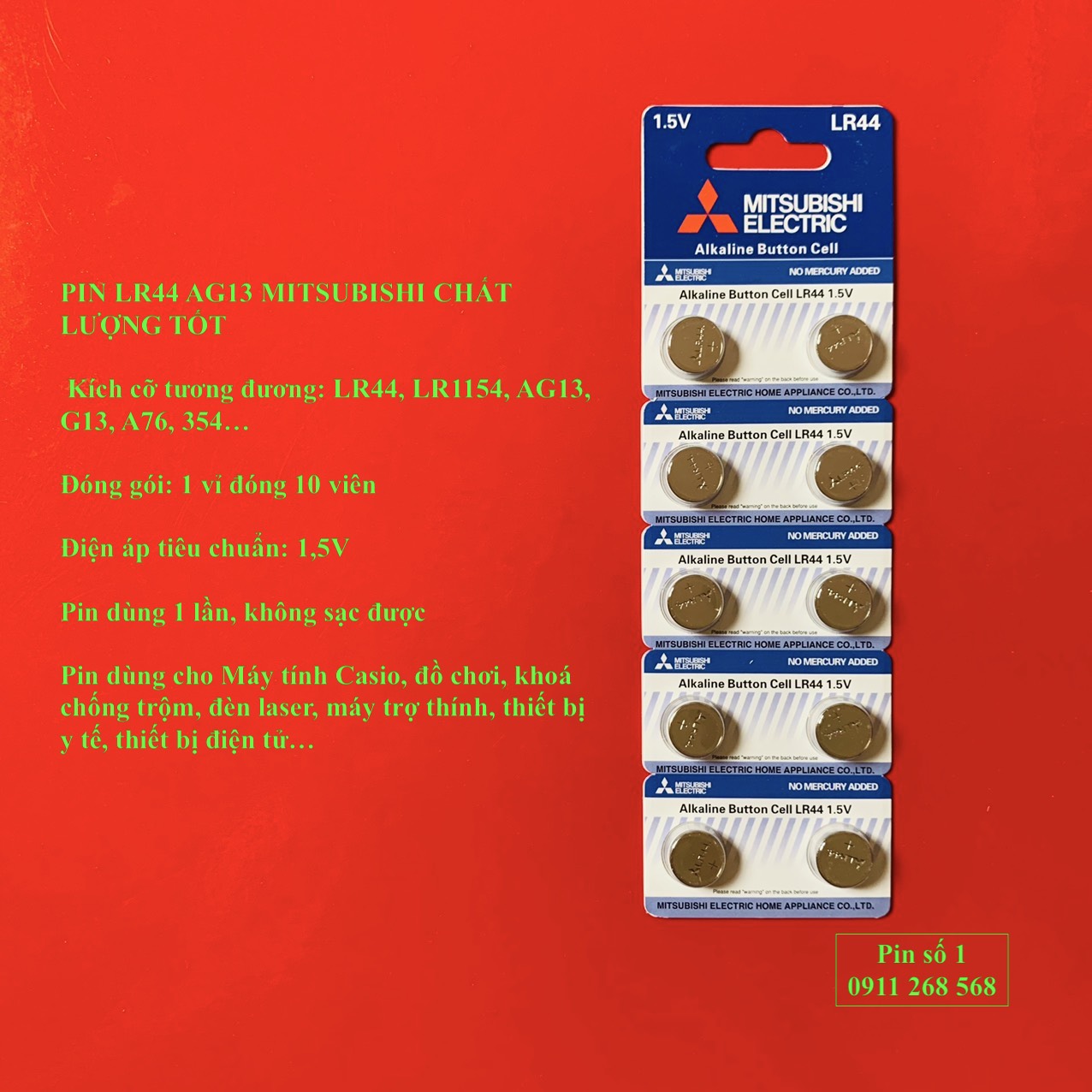 Pin LR44 AG13 Mitsubishi thay máy tính Casio vỉ 10 viên