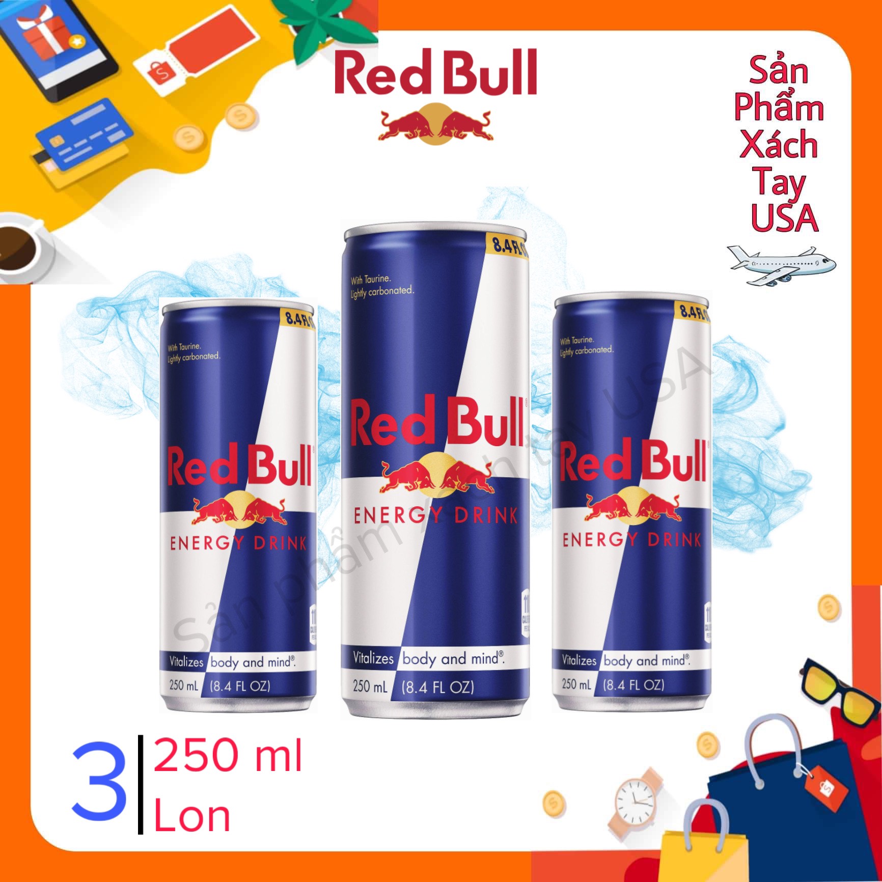 HÀNG MỸ CHÍNH HÃNG Set 3 lon nước tăng lực Red Bull Mỹ Energy Drink 250ml