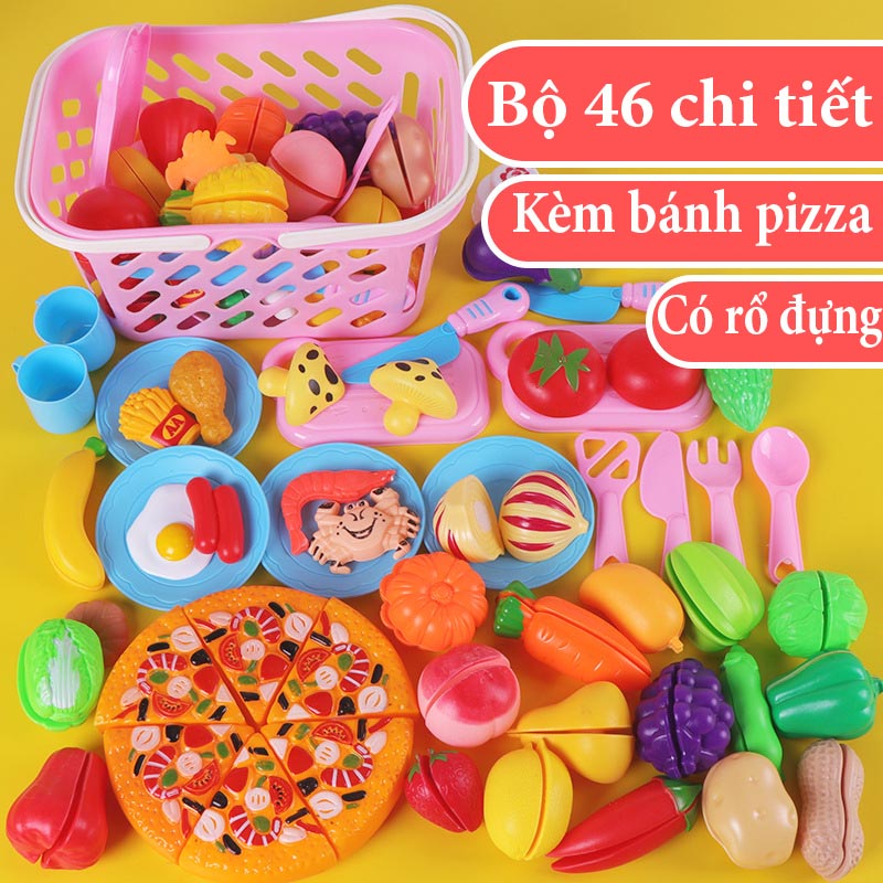 Bộ đồ chơi cắt ghép hoa quả bánh pizza cho bé 46 chi tiết mẫu mới có giỏ
