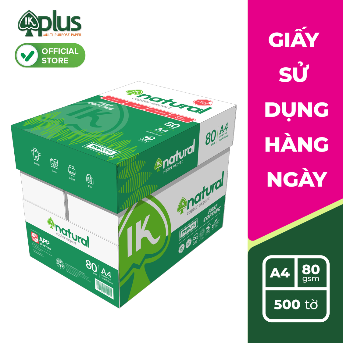 Thùng giấy IK Natural A4 80gsm - Giấy photo, giấy in văn phòng, giấy vẽ - Hàng chính hãng