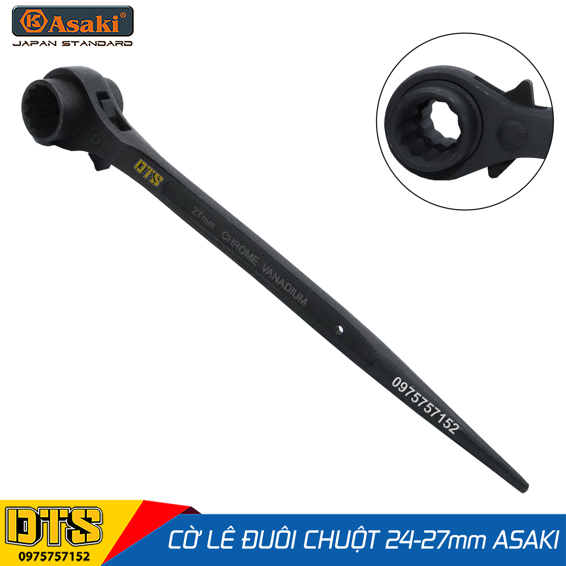 Cờ lê đuôi chuột cao cấp 24-27 mm Asaki AK-6458, cờ lê giàn giáo 2 đầu tuýp tự động thép Chrome Vanadium, công tắc đảo chiều, clê tuýp giàn giáo đa năng