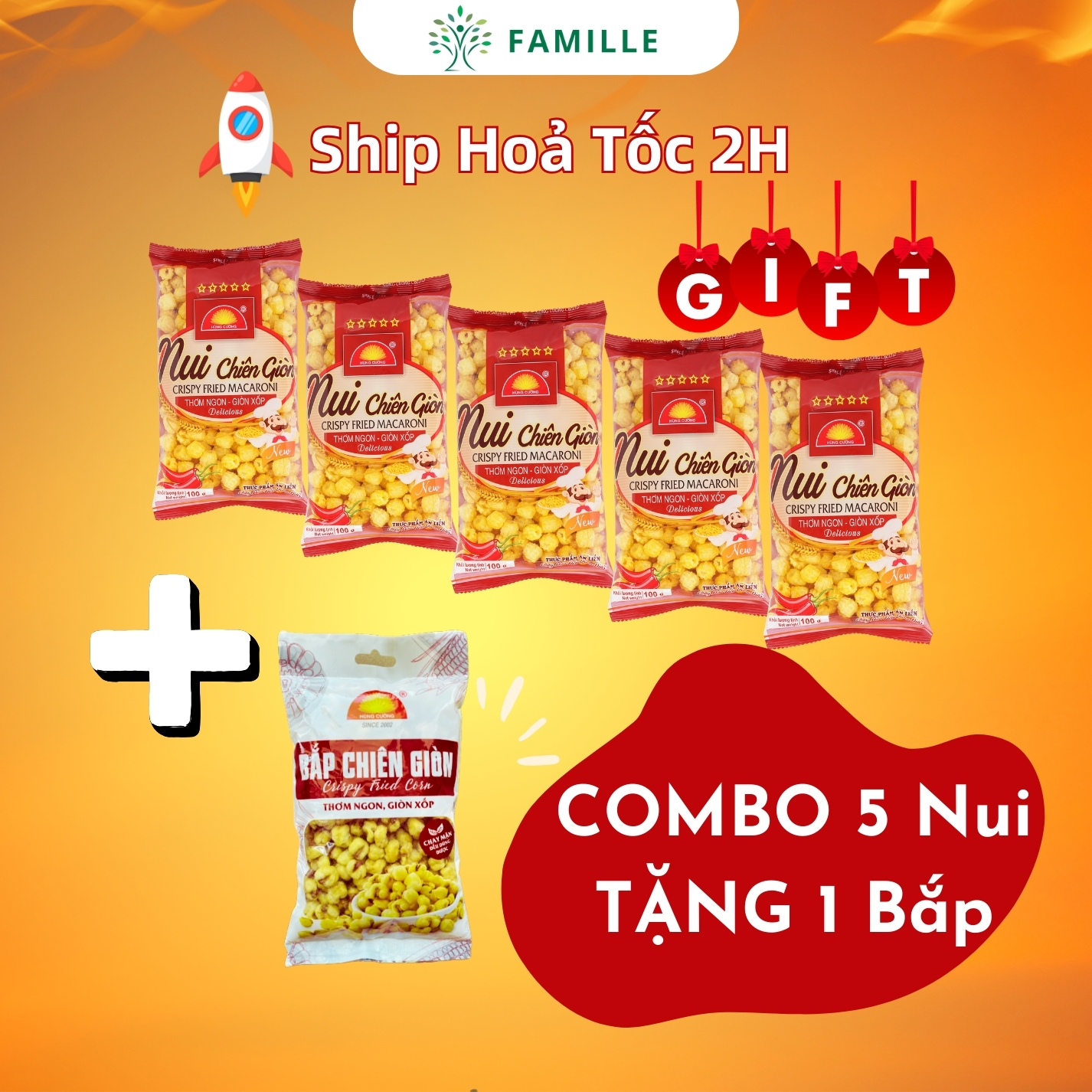 Combo 5 Nui Chiên Giòn 100g Tặng 1 Bắp Chiên Giòn | Ăn Chay Được | Đồ Ăn Vặt | Nui Chiên | Nui Chiên Hùng Cường | Nui Sấy | Nui | Đồ Khô |