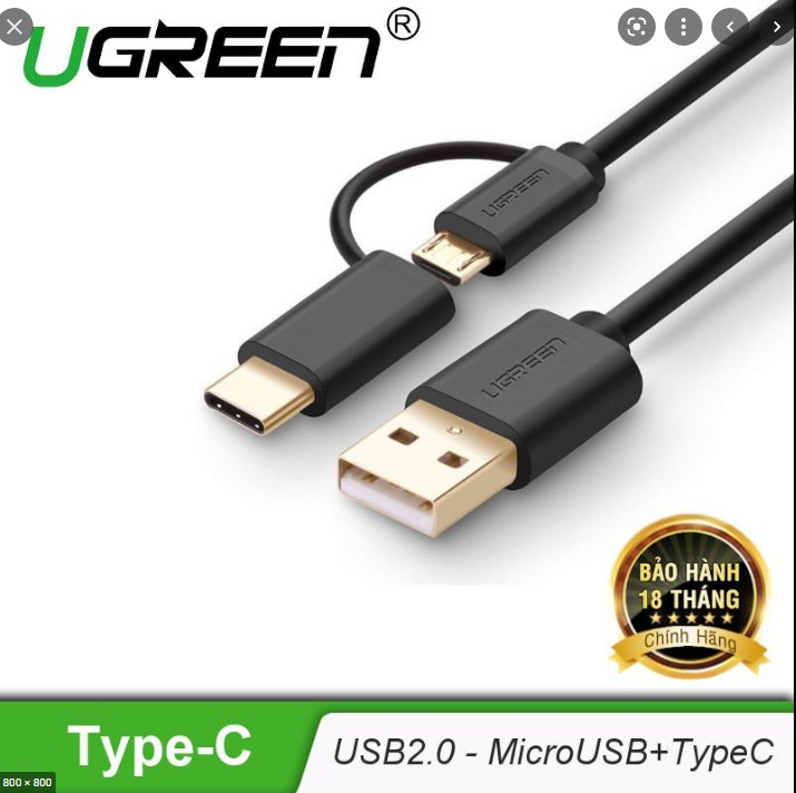 Cáp sạc usb ra micro usb và type-c dài 1m ugreen 30174 chính hãng