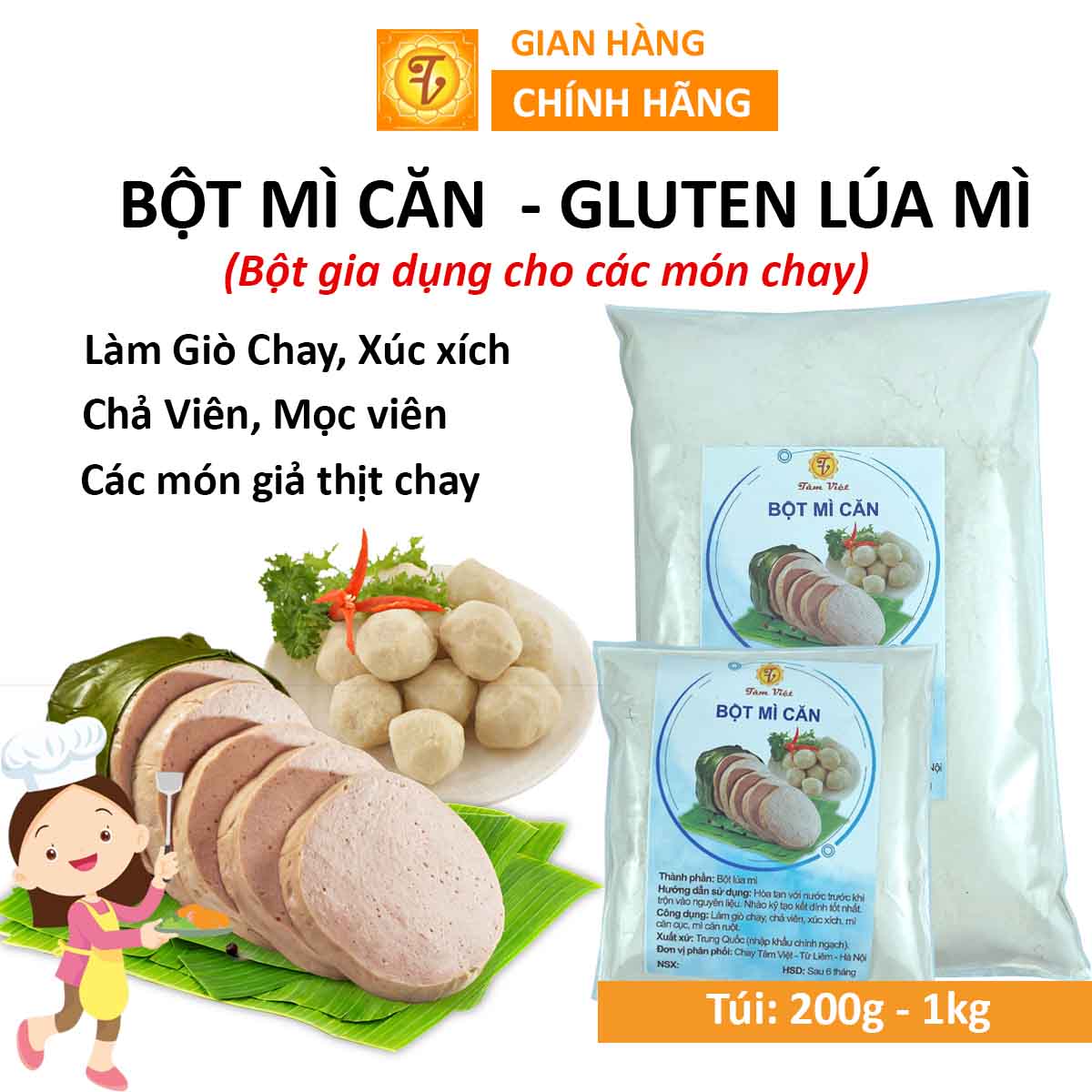 Bột mì cắn - Gluten lúa mì (Bột gia dụng cho các món chay) - Làm giò chay, xúc xích, chả viên, mọc viên - Các món giả thịt chay