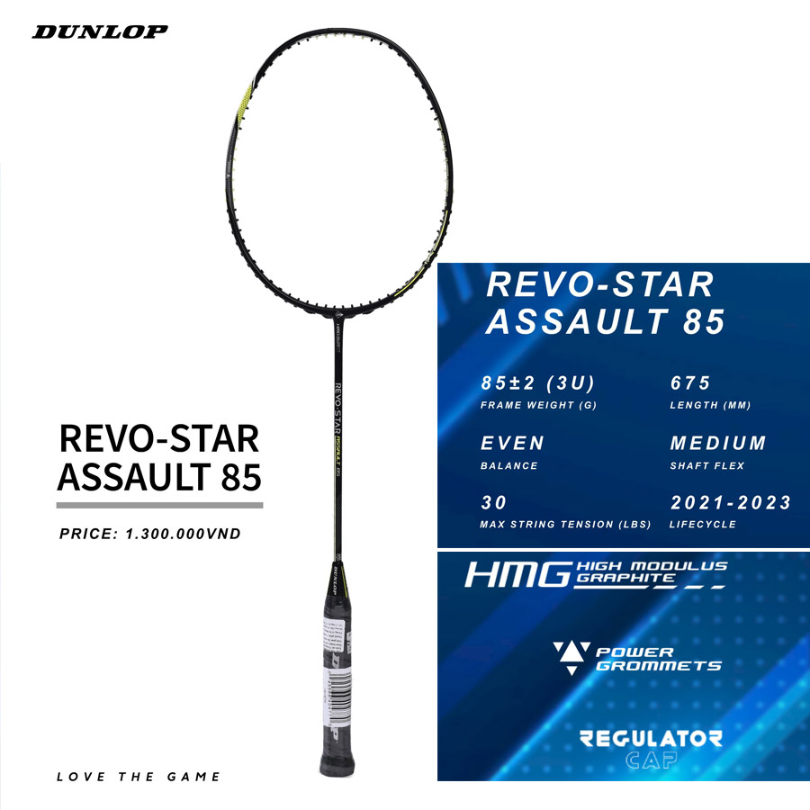 Vợt cầu lông Dunlop Revo Star Assault 85 - Vợt cân bằng linh hoạt - hàng nhập khẩu chính hãng - tặng kèm cuốn cán, bao đựng vợt