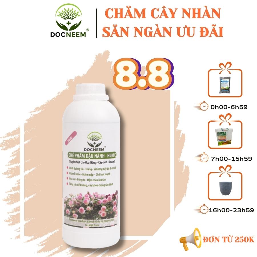 Phân bón hữu cơ đậu tương, đậu nành trứng chuối humic DOCNEEM kích mầm, chồi, hoa chuẩn form trên hoa hồng, cây cảnh, chai 1 lít