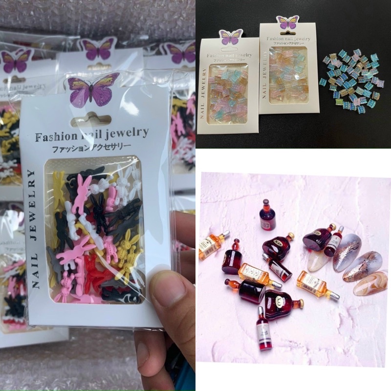 Set charm mix thỏ, nơ nhún, phụ kiện đính móng cao cấp