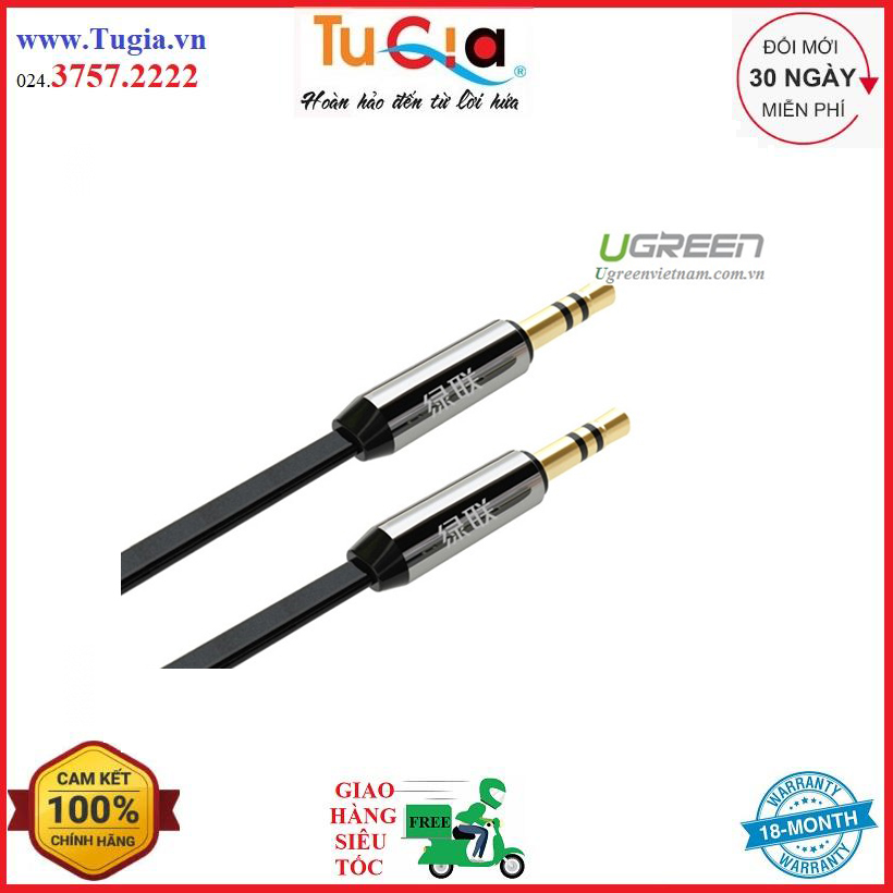 Cáp audio 2 đầu 3.5mm đực dạng dẹt, mạ vàng 24k, tpe dài 2m ugreen 10722 - hàng chính hãng